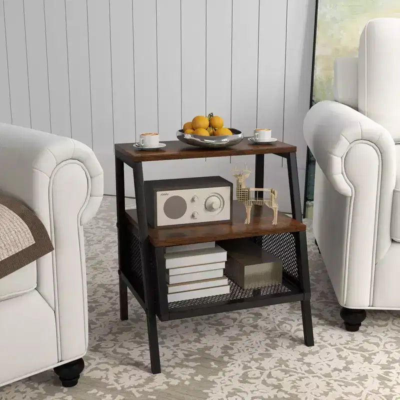 Costway 1/2 PCS Industrial Nightstand 3-Tier End Table with 2 Open Shelves & Metal Mesh Compartment