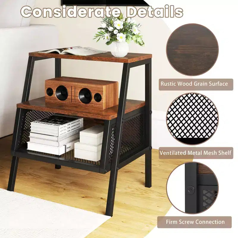 Costway 1/2 PCS Industrial Nightstand 3-Tier End Table with 2 Open Shelves & Metal Mesh Compartment