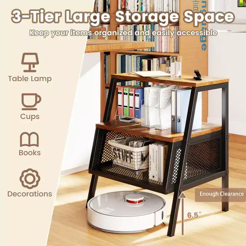 Costway 1/2 PCS Industrial Nightstand 3-Tier End Table with 2 Open Shelves & Metal Mesh Compartment