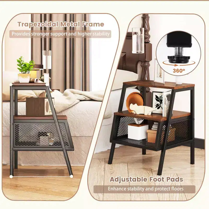 Costway 1/2 PCS Industrial Nightstand 3-Tier End Table with 2 Open Shelves & Metal Mesh Compartment