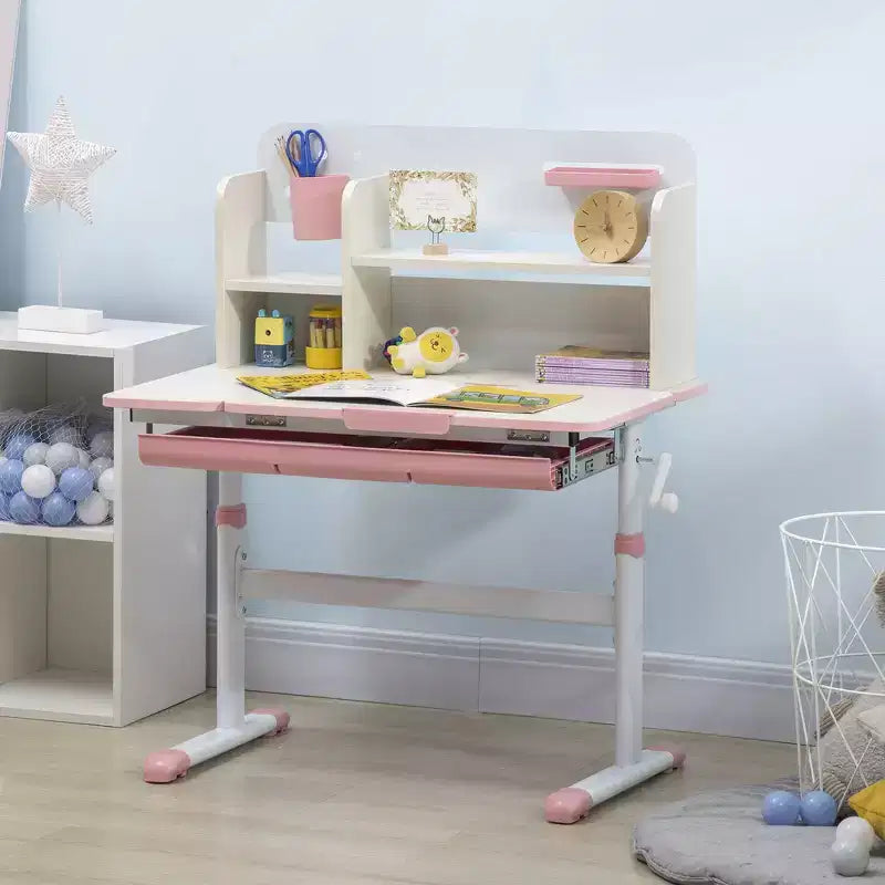 Whisen Wooden Kids Study Desk, Height Adjustable Table, Student Writing Desk with Tilt Desktop, Drawer, Gift for Kids - Pink