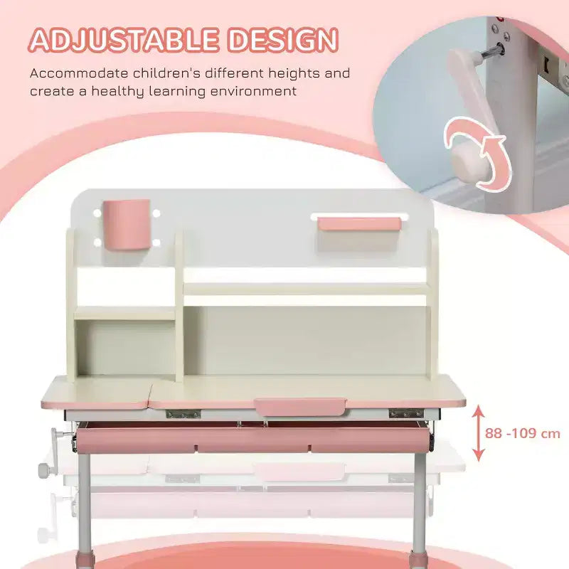 Whisen Wooden Kids Study Desk, Height Adjustable Table, Student Writing Desk with Tilt Desktop, Drawer, Gift for Kids - Pink