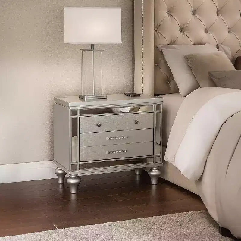Royal Hampton Nightstand with 2 Drawers and USB Port, Silver Acacia Wood