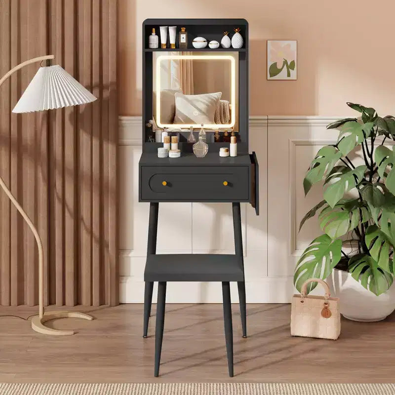 Small Vanity Desk Set With 3 Adjustable Lighted Mirror And Storage Chair Mini Black Makeup Vanities Set For Bedroom Compact Make Up Dressing Table