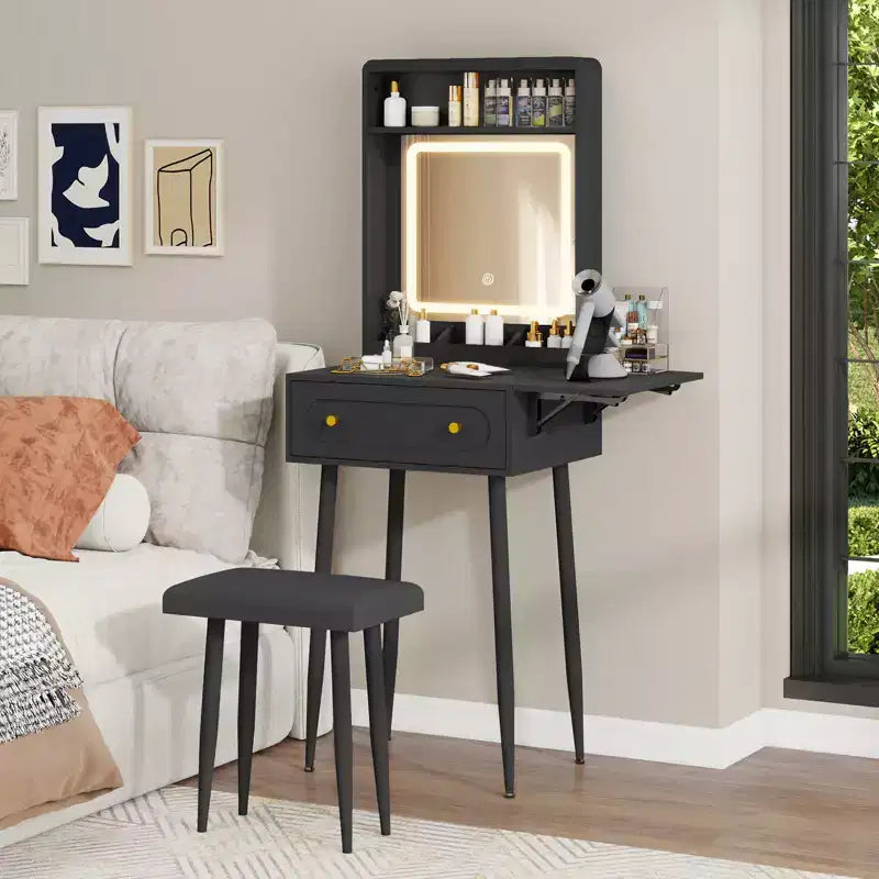 Small Vanity Desk Set With 3 Adjustable Lighted Mirror And Storage Chair Mini Black Makeup Vanities Set For Bedroom Compact Make Up Dressing Table