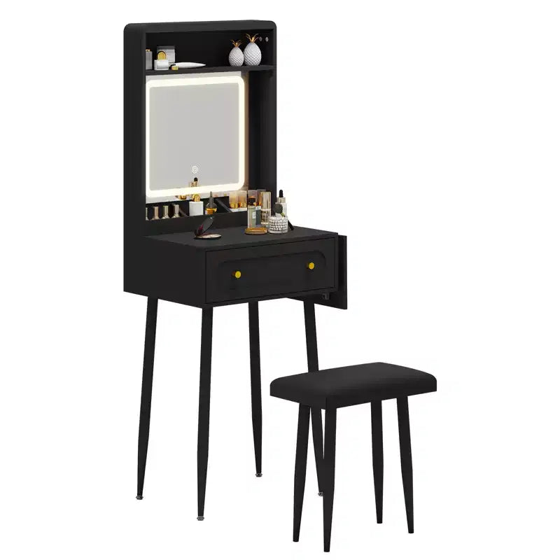 Small Vanity Desk Set With 3 Adjustable Lighted Mirror And Storage Chair Mini Black Makeup Vanities Set For Bedroom Compact Make Up Dressing Table