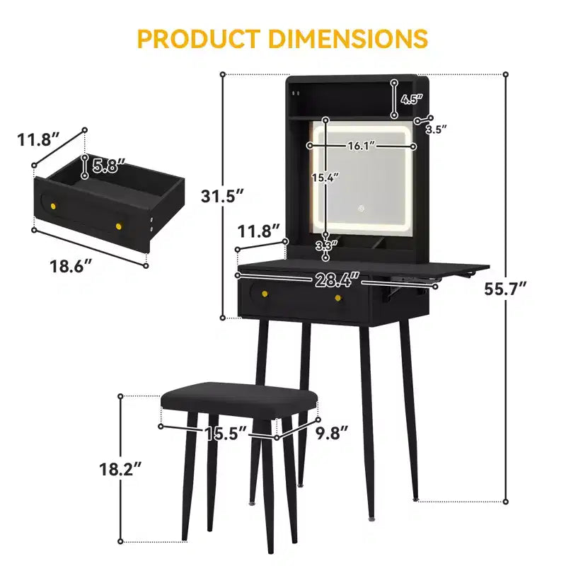Small Vanity Desk Set With 3 Adjustable Lighted Mirror And Storage Chair Mini Black Makeup Vanities Set For Bedroom Compact Make Up Dressing Table