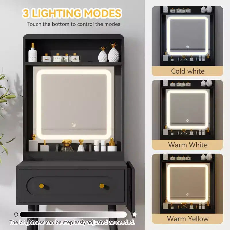 Small Vanity Desk Set With 3 Adjustable Lighted Mirror And Storage Chair Mini Black Makeup Vanities Set For Bedroom Compact Make Up Dressing Table