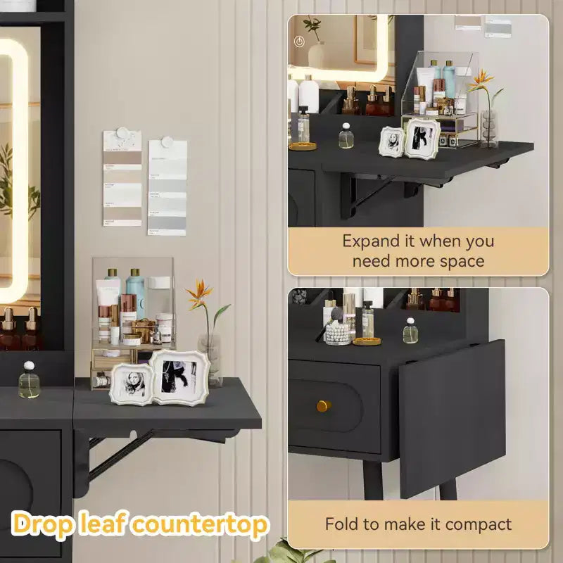 Small Vanity Desk Set With 3 Adjustable Lighted Mirror And Storage Chair Mini Black Makeup Vanities Set For Bedroom Compact Make Up Dressing Table