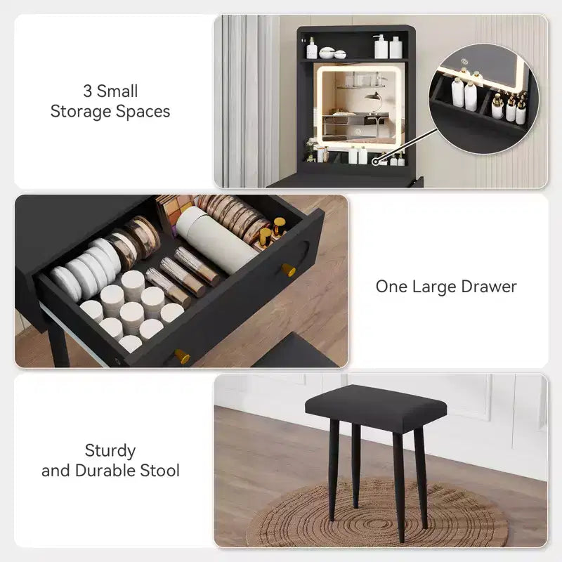 Small Vanity Desk Set With 3 Adjustable Lighted Mirror And Storage Chair Mini Black Makeup Vanities Set For Bedroom Compact Make Up Dressing Table