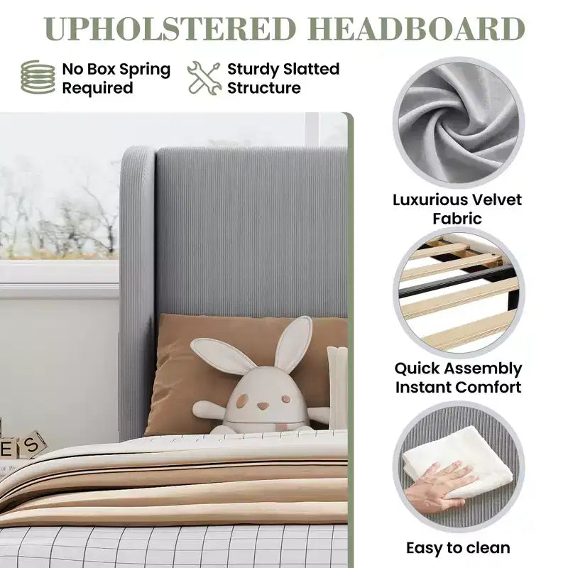 COZONY Wingback Platform Bed Frame, Luxurious Velvet Upholstery Headboard Wooden Slat Support