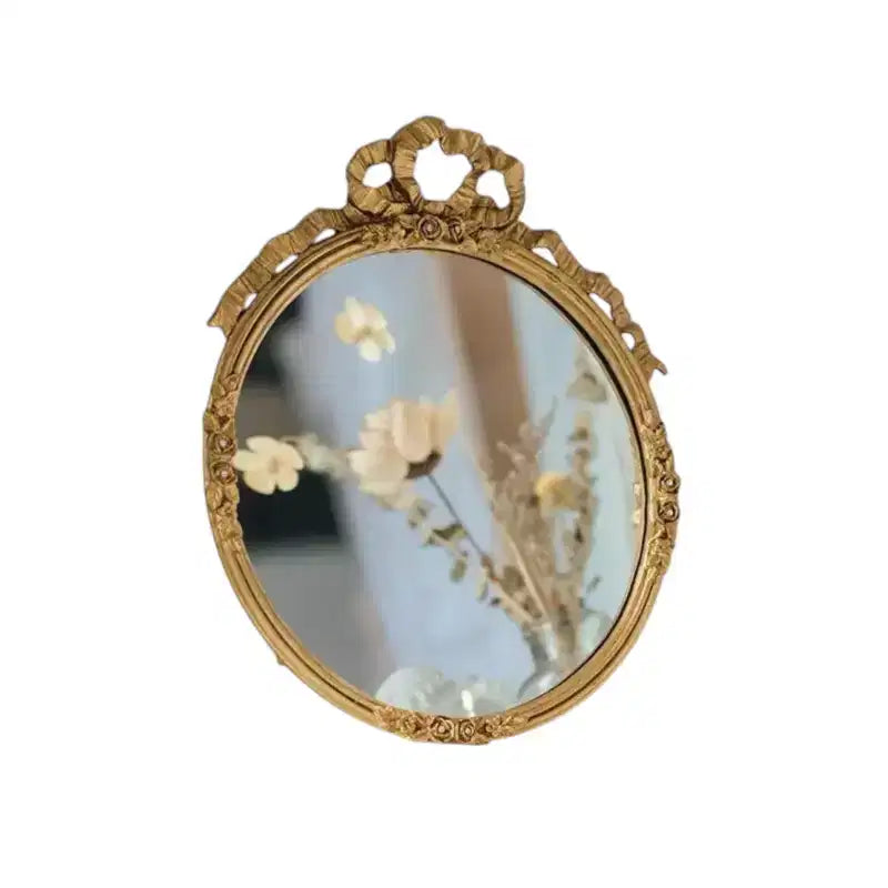 Slickblue Pewter Wall Mirror 13.6 Gold Frame with Floral Detailing and Decorative Bow Accent