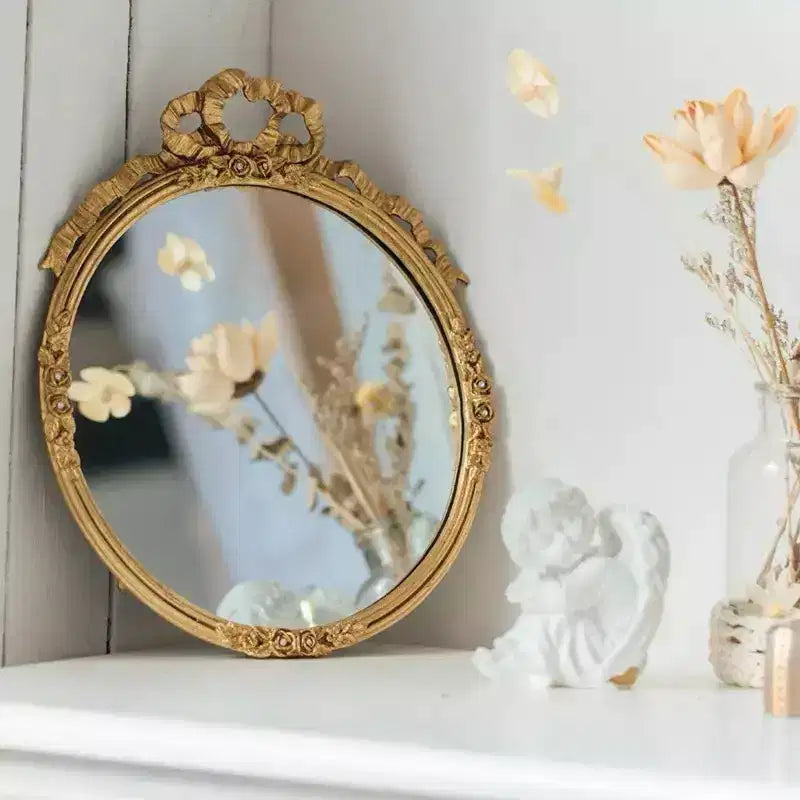 Slickblue Pewter Wall Mirror 13.6 Gold Frame with Floral Detailing and Decorative Bow Accent