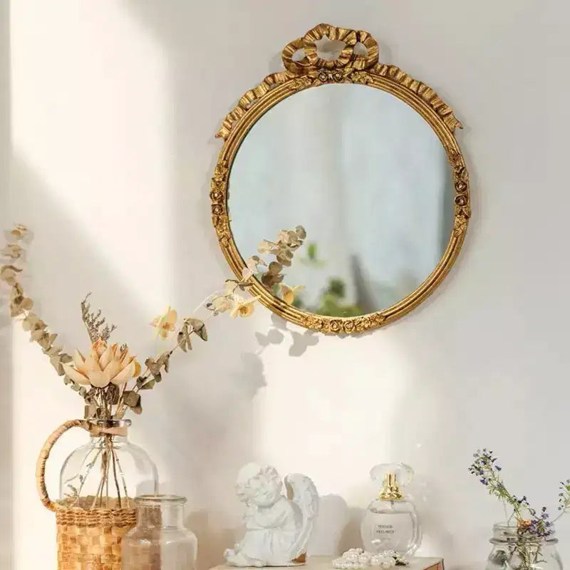 Slickblue Pewter Wall Mirror 13.6 Gold Frame with Floral Detailing and Decorative Bow Accent