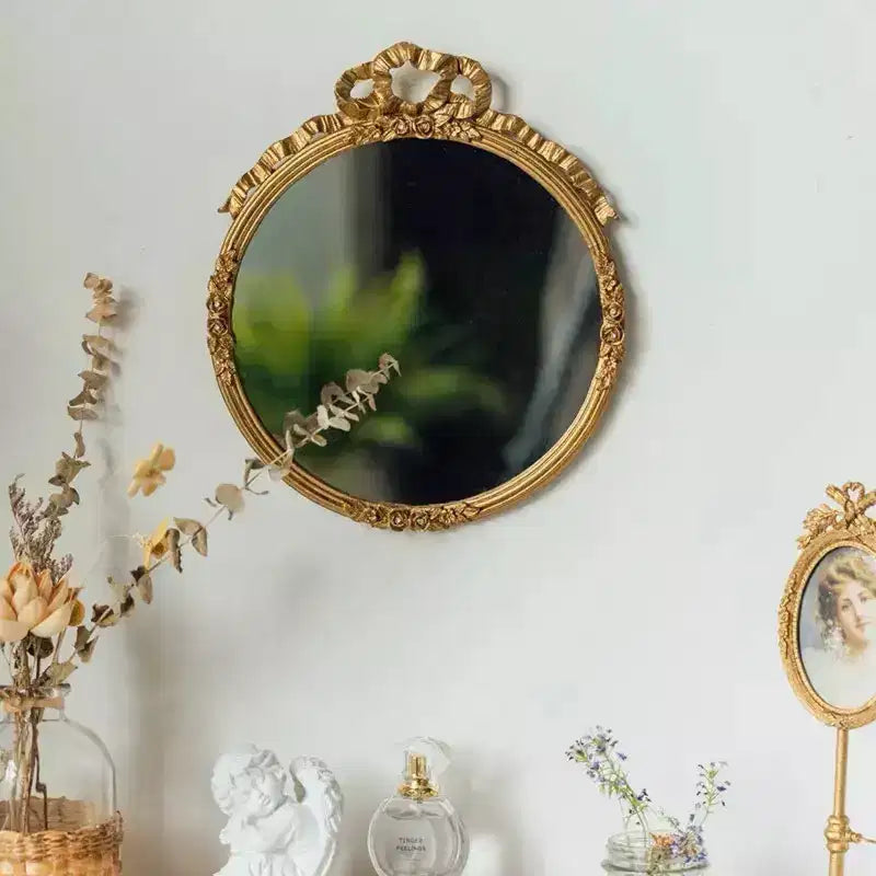 Slickblue Pewter Wall Mirror 13.6 Gold Frame with Floral Detailing and Decorative Bow Accent