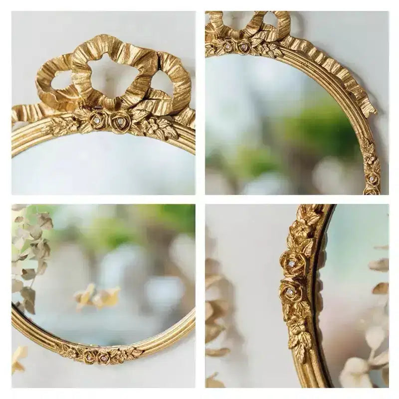 Slickblue Pewter Wall Mirror 13.6 Gold Frame with Floral Detailing and Decorative Bow Accent