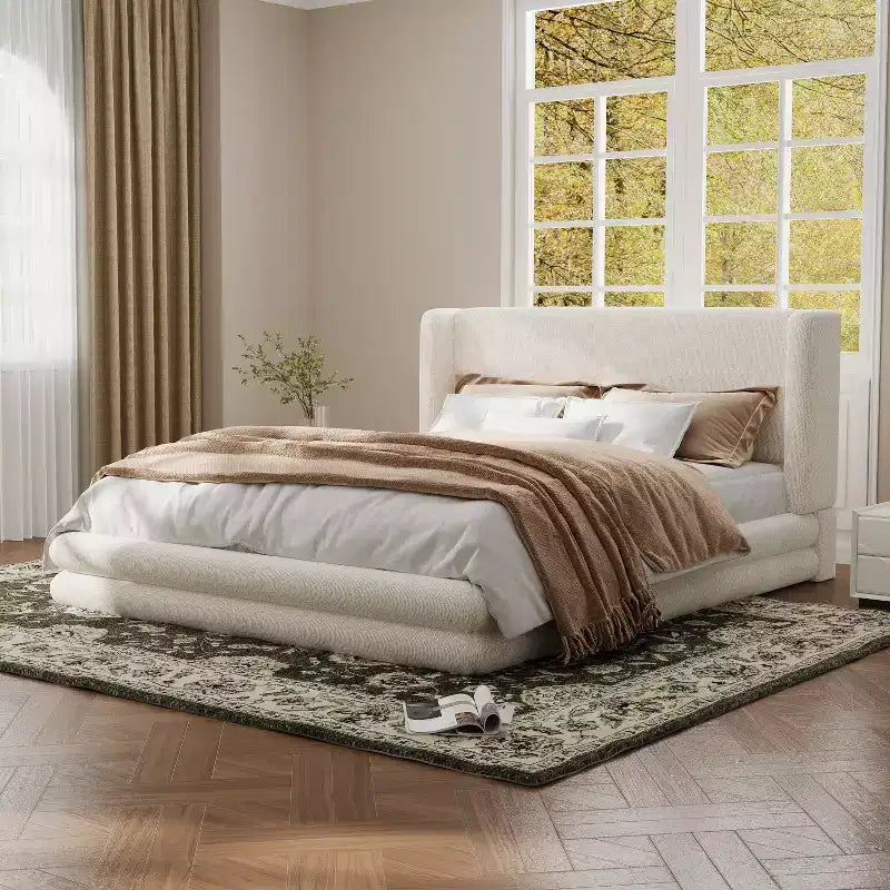 Christopher Knight Home Brock Upholstered Bed With Boucle Thick Wingback Headboard