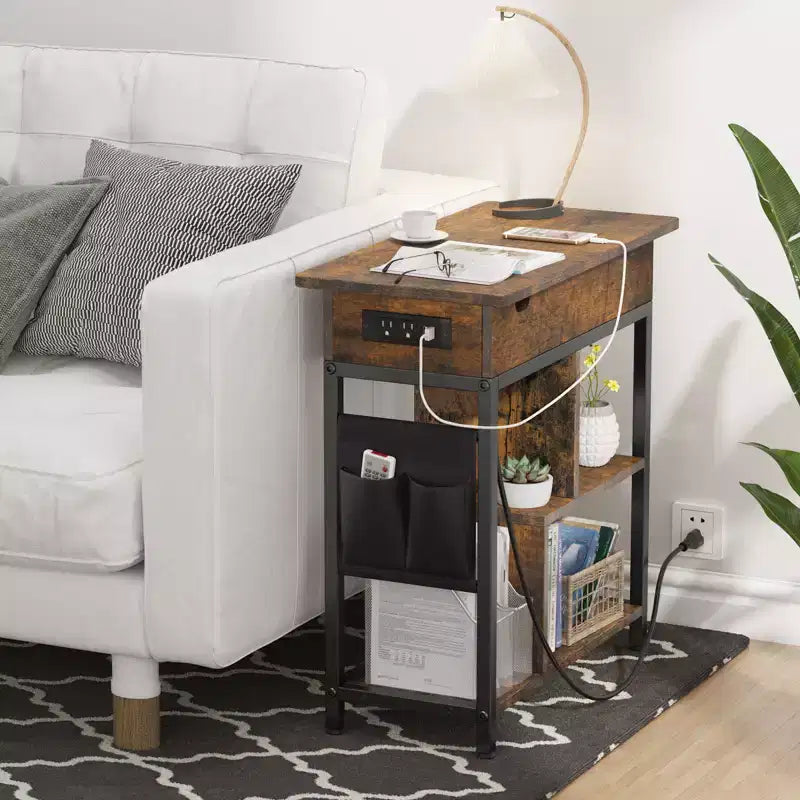 3 Tier Bedside Table Charging Station Flip Top Side Table for Living Room Bedroom