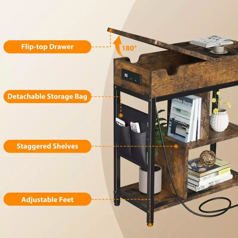 3 Tier Bedside Table Charging Station Flip Top Side Table for Living Room Bedroom
