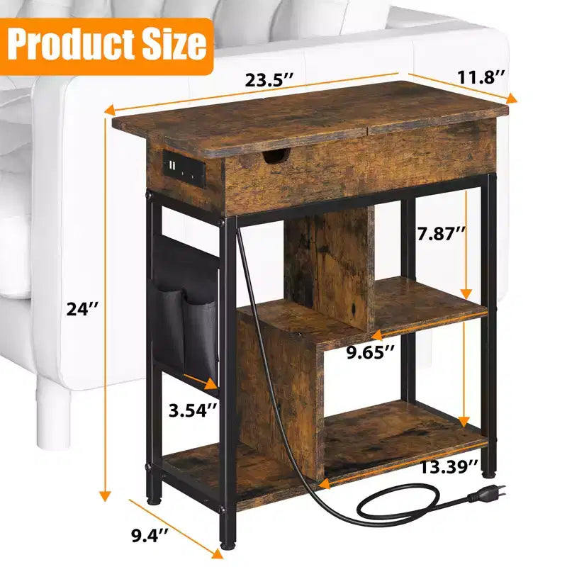 3 Tier Bedside Table Charging Station Flip Top Side Table for Living Room Bedroom
