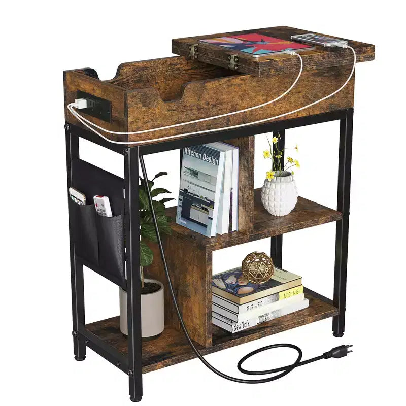 3 Tier Bedside Table Charging Station Flip Top Side Table for Living Room Bedroom