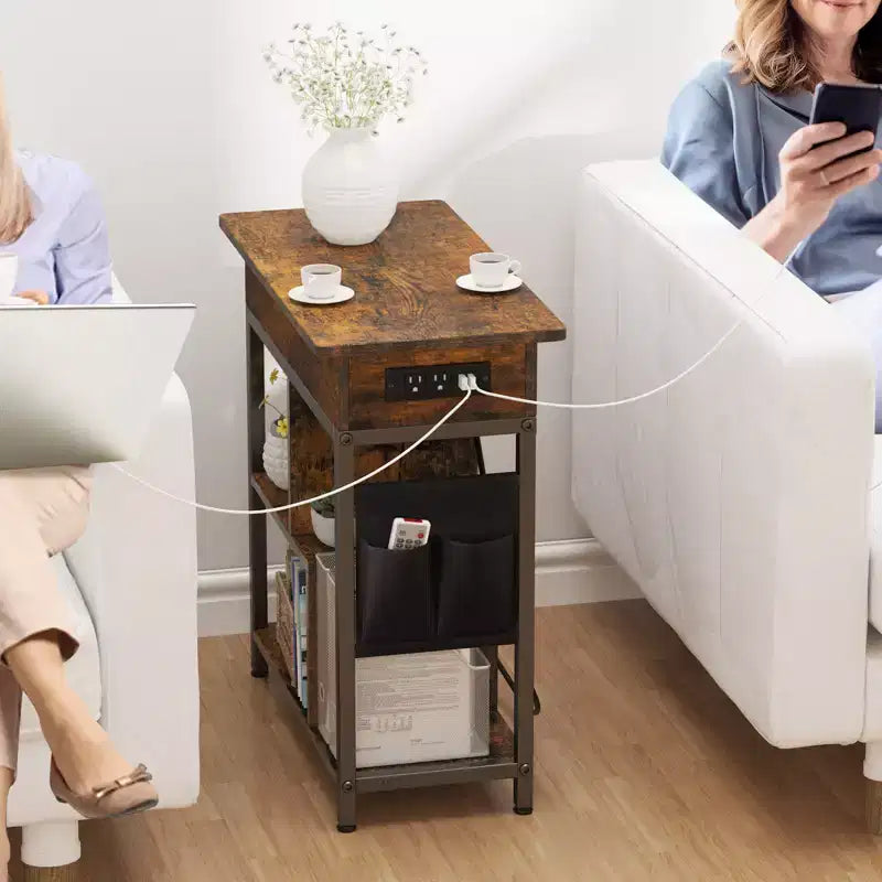 3 Tier Bedside Table Charging Station Flip Top Side Table for Living Room Bedroom
