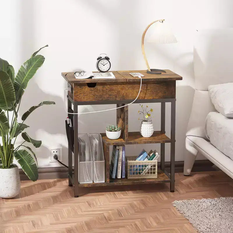 3 Tier Bedside Table Charging Station Flip Top Side Table for Living Room Bedroom