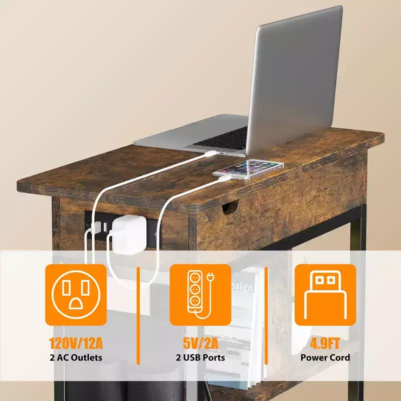 3 Tier Bedside Table Charging Station Flip Top Side Table for Living Room Bedroom