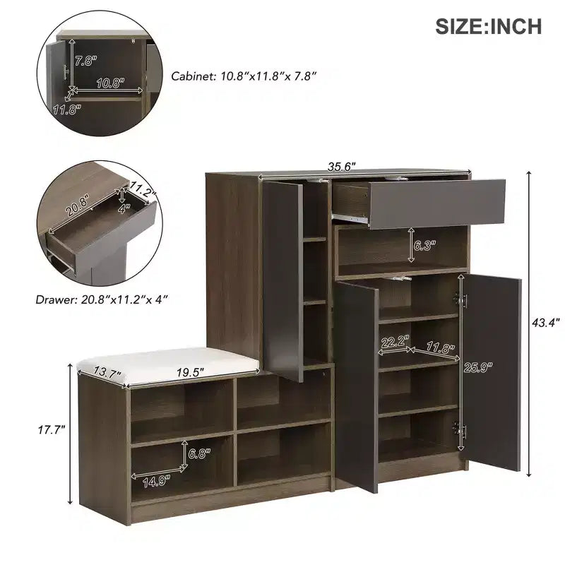 Okak Modern Freestanding Shoe Cabinet Organizer with Storage Bench & Drawers/Doors,Space Saving Shoe Rack for Corridors, Entrances