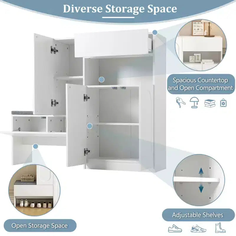 Okak Modern Freestanding Shoe Cabinet Organizer with Storage Bench & Drawers/Doors,Space Saving Shoe Rack for Corridors, Entrances