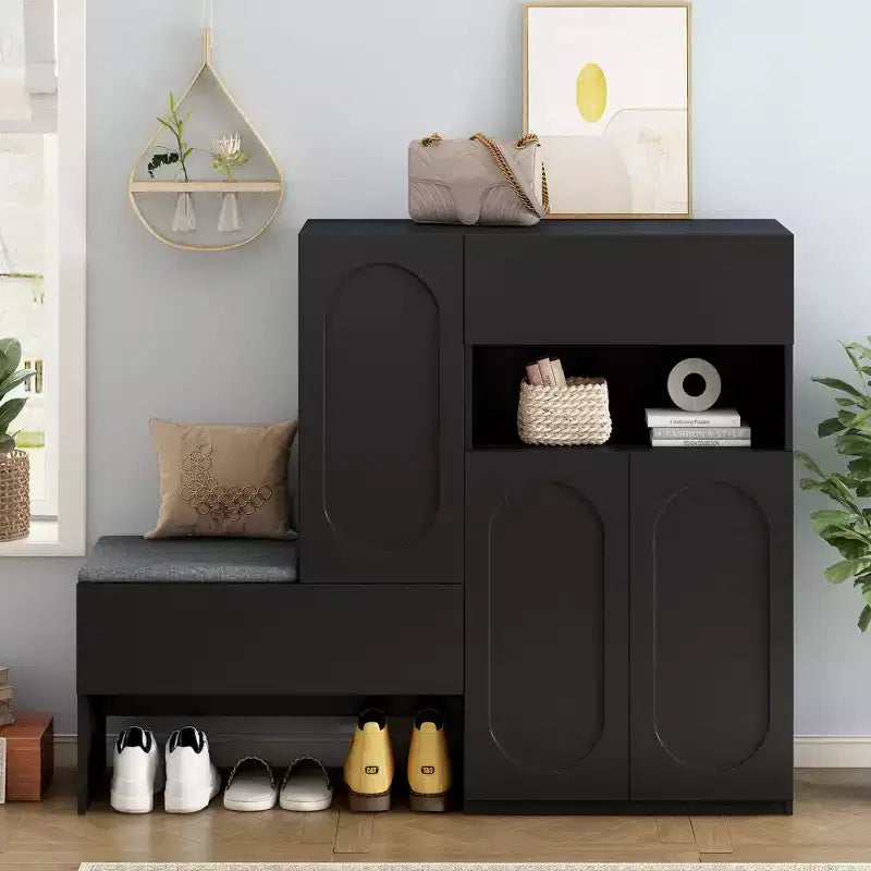 Okak Modern Freestanding Shoe Cabinet Organizer with Storage Bench & Drawers/Doors,Space Saving Shoe Rack for Corridors, Entrances
