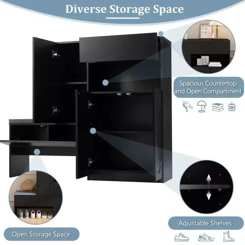 Okak Modern Freestanding Shoe Cabinet Organizer with Storage Bench & Drawers/Doors,Space Saving Shoe Rack for Corridors, Entrances