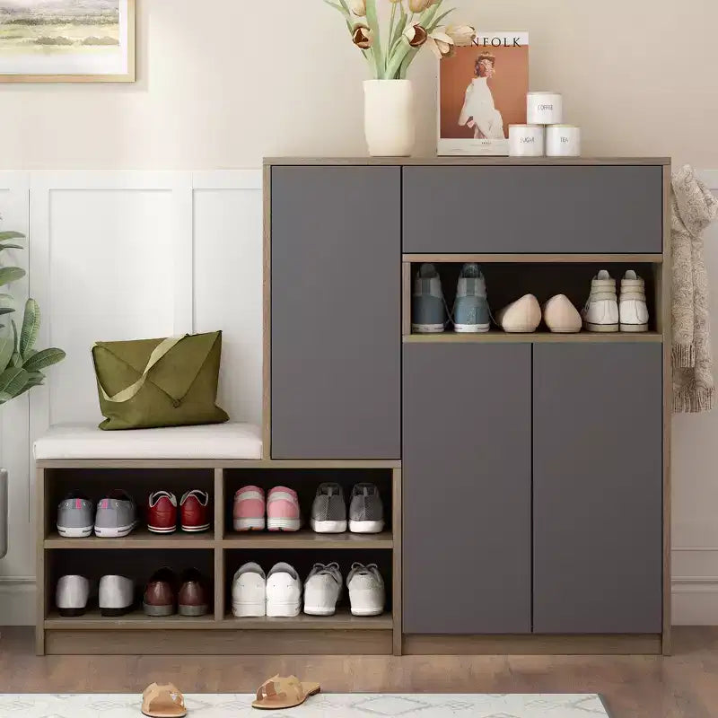 Okak Modern Freestanding Shoe Cabinet Organizer with Storage Bench & Drawers/Doors,Space Saving Shoe Rack for Corridors, Entrances