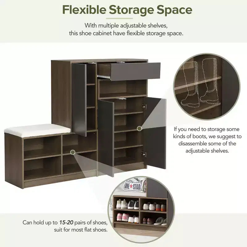 Okak Modern Freestanding Shoe Cabinet Organizer with Storage Bench & Drawers/Doors,Space Saving Shoe Rack for Corridors, Entrances