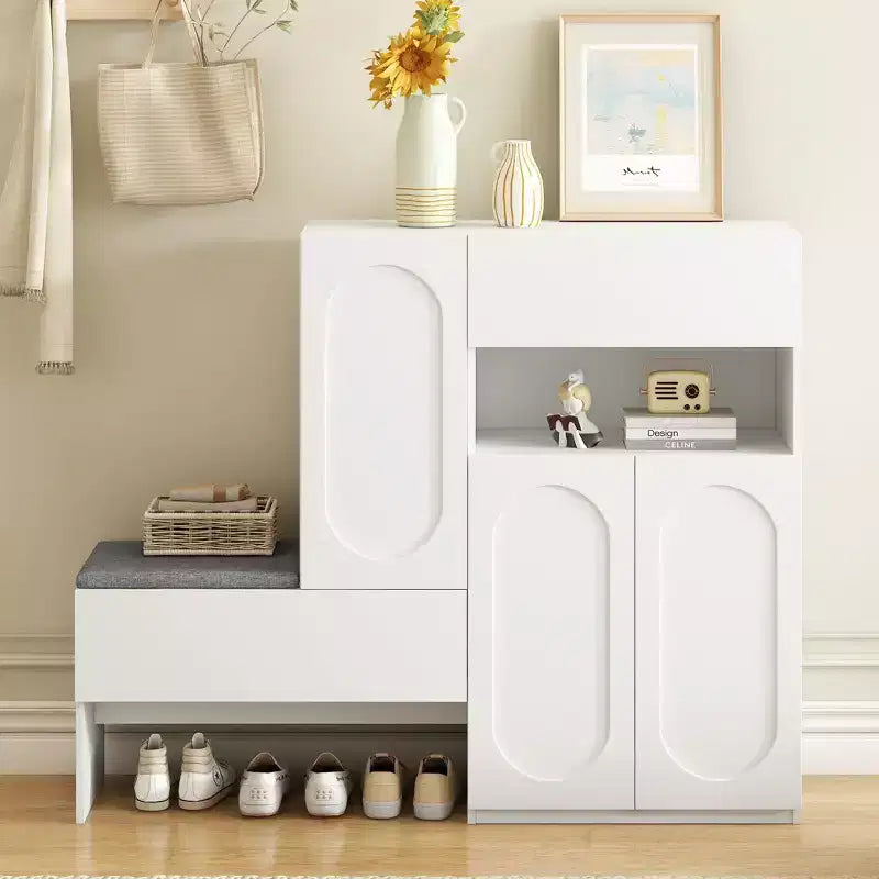 Okak Modern Freestanding Shoe Cabinet Organizer with Storage Bench & Drawers/Doors,Space Saving Shoe Rack for Corridors, Entrances