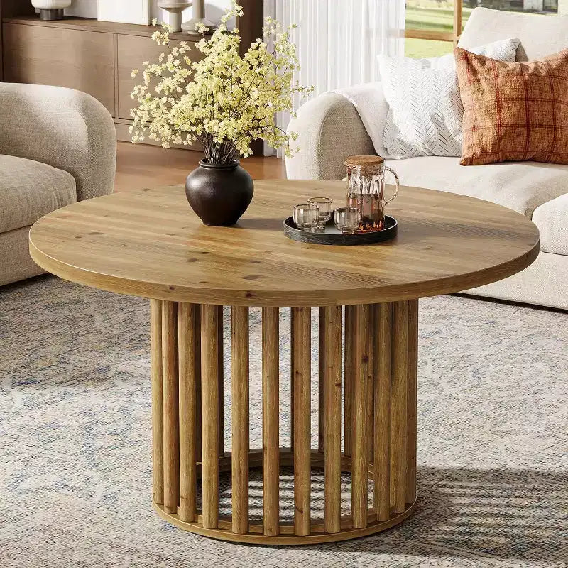 Lantine Solid Wood Round Coffee Table for Living Room, 31.5-Inch Farmhouse Circle Center Cocktail Tea Table for Apartment Small Space, Rustic Brown
