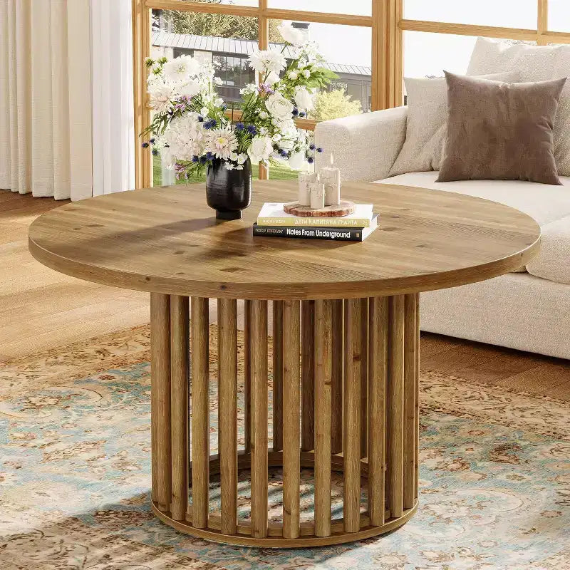 Lantine Solid Wood Round Coffee Table for Living Room, 31.5-Inch Farmhouse Circle Center Cocktail Tea Table for Apartment Small Space, Rustic Brown