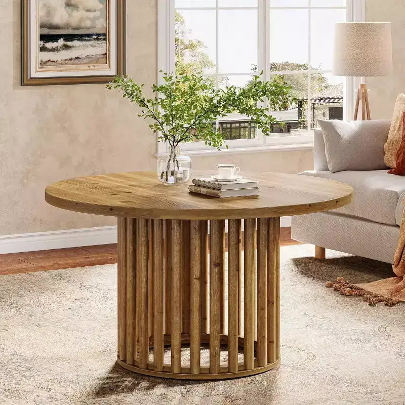 Lantine Solid Wood Round Coffee Table for Living Room, 31.5-Inch Farmhouse Circle Center Cocktail Tea Table for Apartment Small Space, Rustic Brown