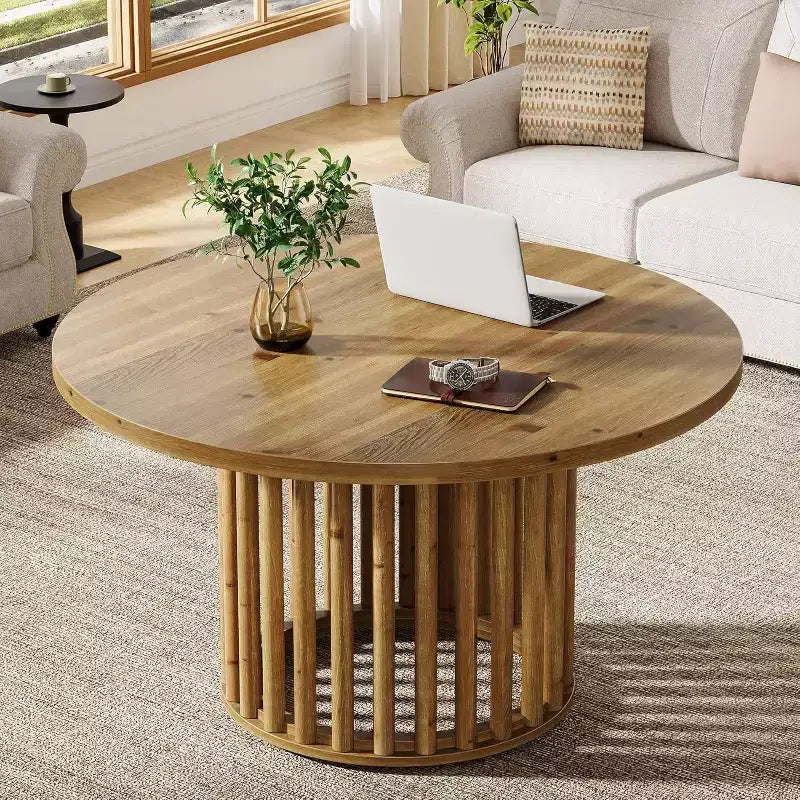 Lantine Solid Wood Round Coffee Table for Living Room, 31.5-Inch Farmhouse Circle Center Cocktail Tea Table for Apartment Small Space, Rustic Brown