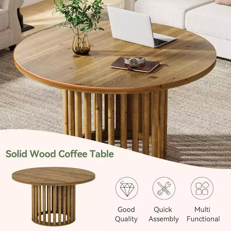 Lantine Solid Wood Round Coffee Table for Living Room, 31.5-Inch Farmhouse Circle Center Cocktail Tea Table for Apartment Small Space, Rustic Brown