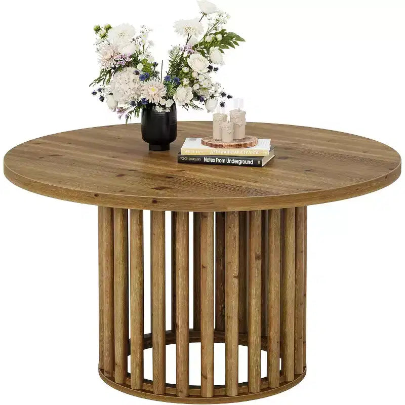 Lantine Solid Wood Round Coffee Table for Living Room, 31.5-Inch Farmhouse Circle Center Cocktail Tea Table for Apartment Small Space, Rustic Brown