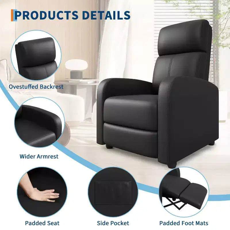 COZONY PU Leather Recliner Chair with Push Back Reclining System, Ergonomic Adjustable Single Sofa for Living Room Home Theater