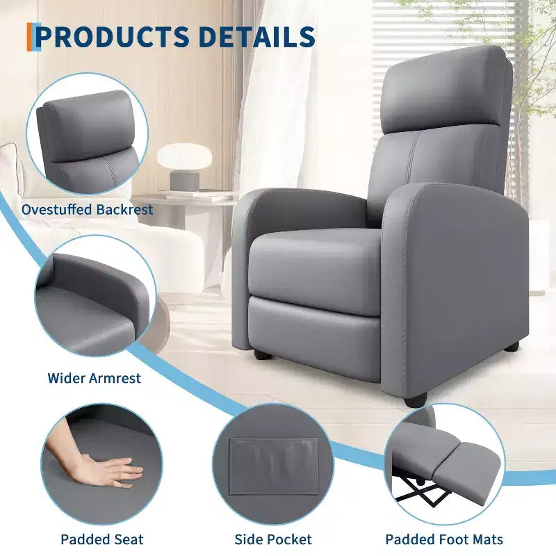 COZONY PU Leather Recliner Chair with Push Back Reclining System, Ergonomic Adjustable Single Sofa for Living Room Home Theater