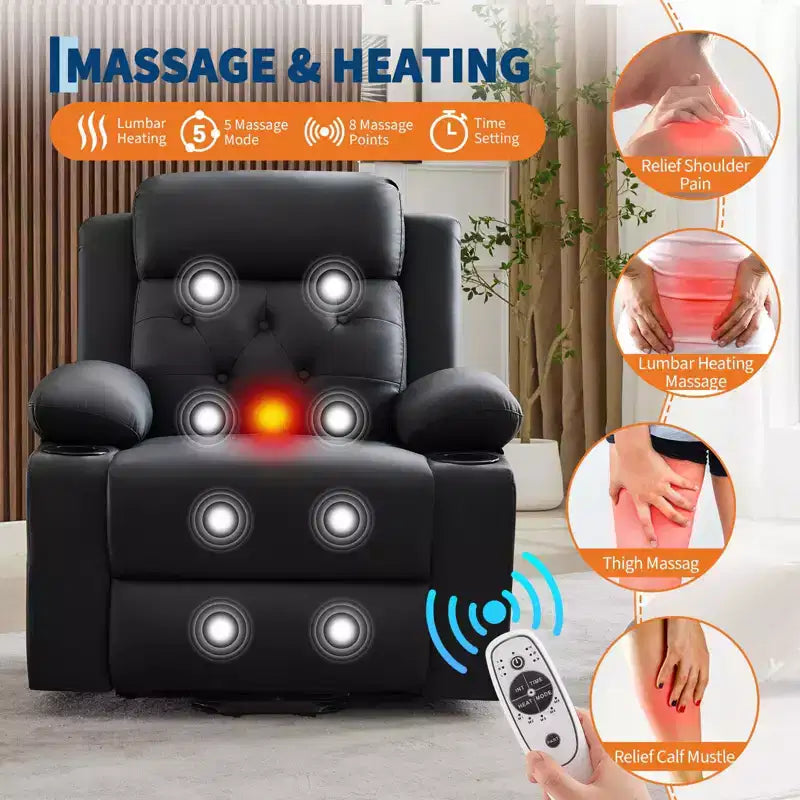 Oversized 22 Inch Recliner Chair with Vibration Massage & Lumbar Heating, PU Lift Recliner Single Cozy Sofa, Lazy Chair with Thick Sponge Padding