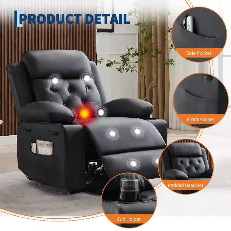 Oversized 22 Inch Recliner Chair with Vibration Massage & Lumbar Heating, PU Lift Recliner Single Cozy Sofa, Lazy Chair with Thick Sponge Padding