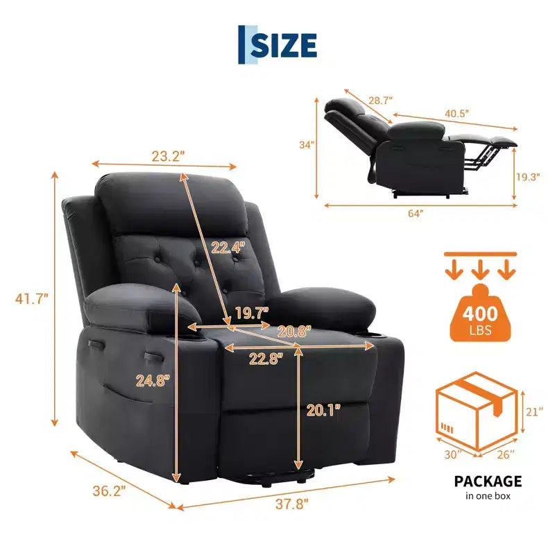 Oversized 22 Inch Recliner Chair with Vibration Massage & Lumbar Heating, PU Lift Recliner Single Cozy Sofa, Lazy Chair with Thick Sponge Padding