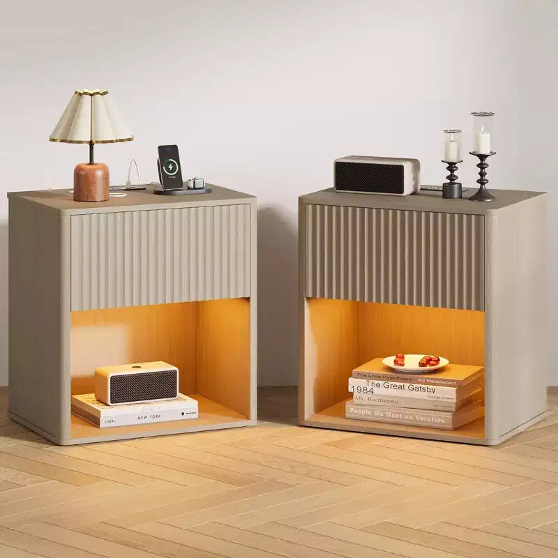 Fluted Night Stand with Charging Station, Modern Nightstand Set of 2 Mid Century Nightstands with Drawer & Open Storage, Perfect for Bedroom