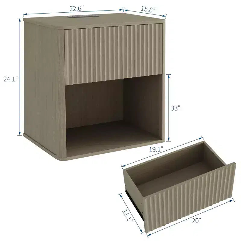 Fluted Night Stand with Charging Station, Modern Nightstand Set of 2 Mid Century Nightstands with Drawer & Open Storage, Perfect for Bedroom