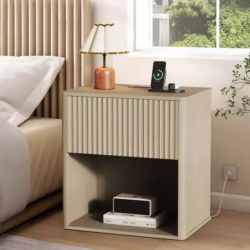 Fluted Night Stand with Charging Station, Modern Nightstand Set of 2 Mid Century Nightstands with Drawer & Open Storage, Perfect for Bedroom