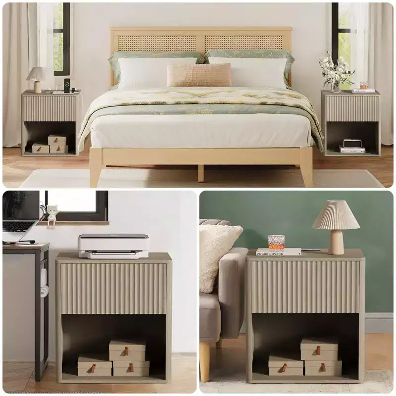 Fluted Night Stand with Charging Station, Modern Nightstand Set of 2 Mid Century Nightstands with Drawer & Open Storage, Perfect for Bedroom
